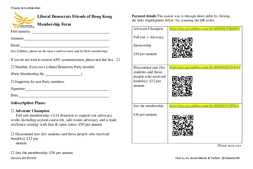 Lib Dem Friends of Hong Kong Membership Form